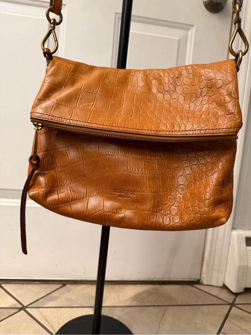 margot Cognac‎ Croc-Embossed Leather Fold-Over Crossbody
